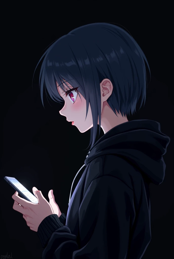 Anime girl , dark blue hair , modern day mullet hair style , black hoodie , red eyes , almond eye , using phone , blank black background , side view