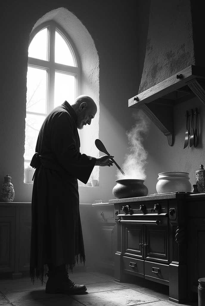 Uncle Lucas Addams style chef with a Serbian vuvhillo cooking inside a black and white castle