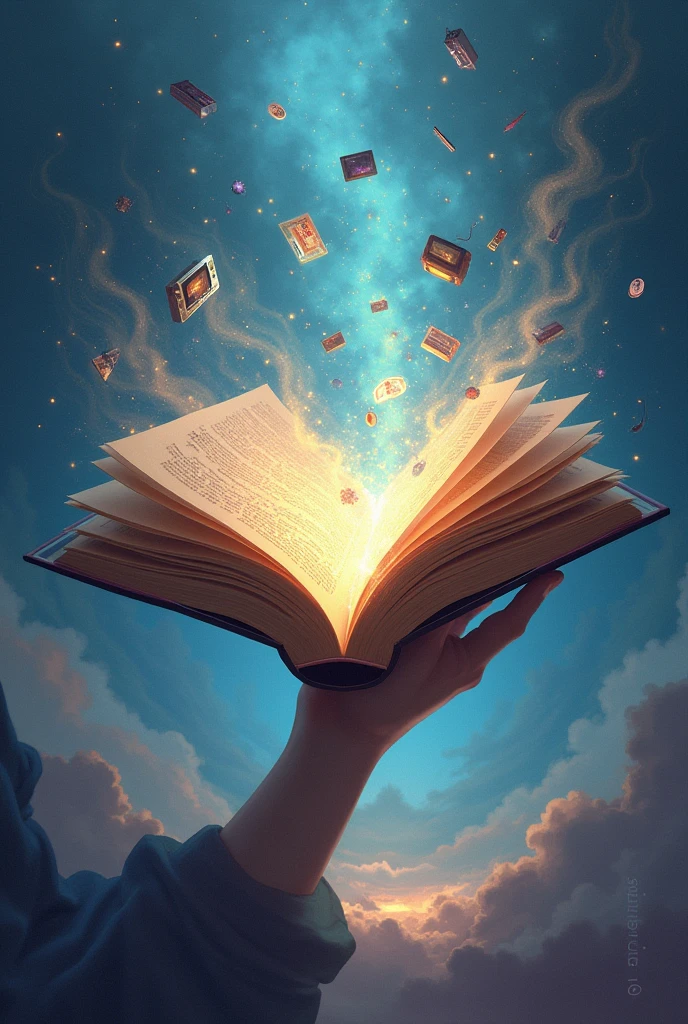 Drawing of an open book from which come references from the 1990s - 2000s