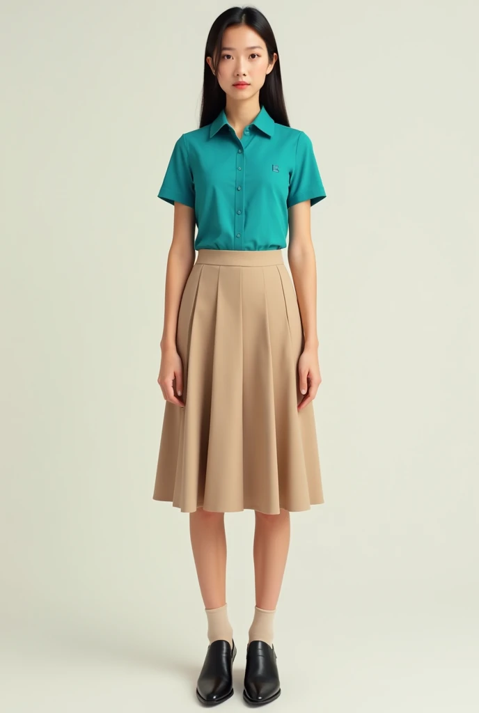 A uniform with a pressed turquoise short-sleeved Columbia-style shirt and a short beige pleated skirt and black shoes and beige socks