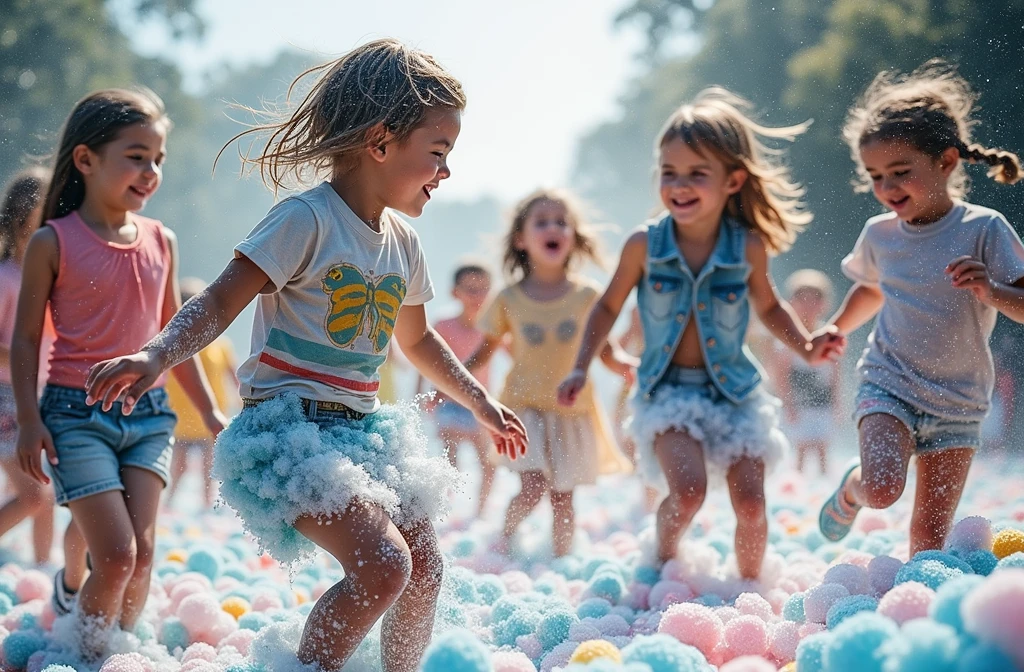 A group of children playing in a soap foam, vibrant colors, playful expressions, dynamic movement, detailed facial features, high-contrast lighting, whimsical atmosphere, soft focus, ethereal mood, photorealistic, masterpiece, 8k, highly detailed