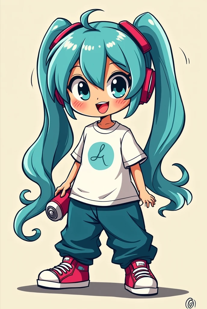 hatsune miku cartoon style, dressed in baggy clothes with a cartoon style rapper style: " Ed Edd y Eddie". holding a spray can and a non-elaborate cartoon style