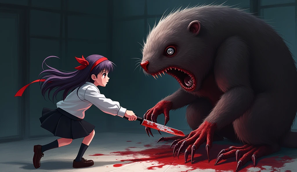 May ((a school girl with long dark purple hair that reaches her mid-back. She always wears a red headband. She has brown eyes. She wears a long-sleeved shirt and a black skirt.)) tries to escape, but she trips and falls to the ground. The Mole mascot ((A terrifying mole mascot costume, covered in blood and carrying a knife.)) grabs her leg and pulls her towards it. May struggles desperately to break free, but it’s no use.