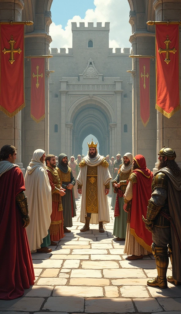 Illustrate a signing ceremony for a peace treaty between the kingdoms, the kingdom with King Arlock, the man with golden armor and crown, Queen Ailith with her white cloak and her staff in her magic hand, and the gnome king of the dwarves, with his bronze armor and his two-faced ax with leaders and representatives of the three kingdoms present. The setting was to be a large hall or courtyard, with flags and symbols of each kingdom visible and architectural and clothing details consistent with medieval times.