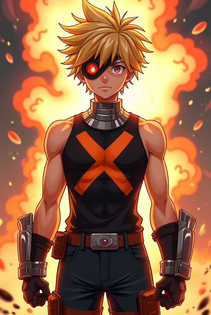 Katsuki Bakugo is a young man with an extremely athletic body and average height for his age, measuring approximately 172 centimeters. Bakugo's most striking physical characteristics are his red eyes and his messy, expected blond hair. Katsuki inherited the physical characteristics mentioned above from his mother, Mitsuki, and his father, Masaru. His hero costume consists of a black, sleeveless V-neck, with an orange X in the center running through the collar and side of the shirt. On his neck there is a protection, apparently metallic, with three holes on the sides. He wears a black glove under the huge grenades on his arm. His belt, which also has grenades, holds up his pants that have heavy knee protectors. And finally, he has an eye mask that looks like an explosion.