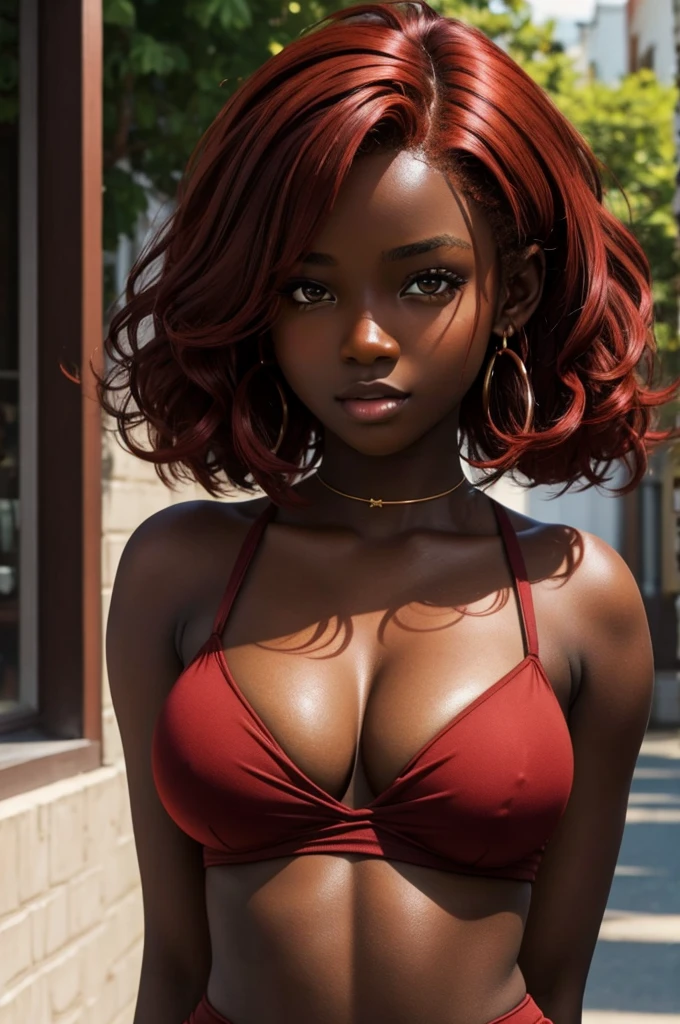 cute hair, chocolate skin, teenager, beautiful face, deep ebony, showing big breasts, SFW, upper body focus, Irish bright red hair  beauty 