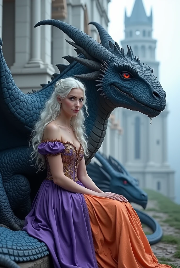 Woman in purple and orange medieval dress. Woman with silver-white wavy and curly hair and dark violet eyes, woman sitting next to her light blue dragon, huge and fierce dragon, Dragon with green eyes. Zoom in on the woman.
Gigantic and majestic castle in the background. Castle with white stones. blue Dragon. Dragon with blue scales 