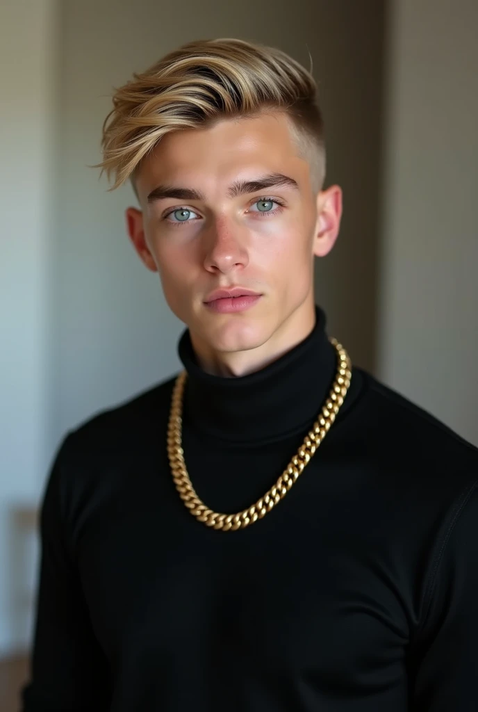 Portrait of a young man, 2, with blonde hair in a mid-fade cut and light blue eyes. He is wearing a black turtleneck and a gold necklace. He is posing facing the camera in a modern setting, such as a loft or minimalist studio, with soft lighting and a neutral background. His expression is confident and casual, conveying a relaxed yet elegant style, perfect for an Instagram post.