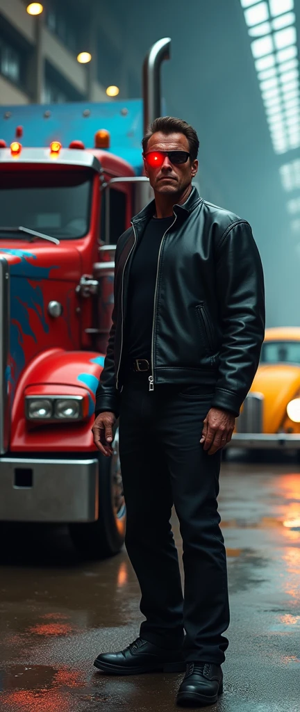 in the foreground is Arnold Schwarzenegger as the Terminator, one of Arnold's eyes glows like a red LED, he wears all black clothes, he is wearing sunglasses, he is wearing black leather jacket, He stands next to Optimus Prime as an old red and blue 1987 Freightliner COE truck., the truck's paint simulates fire stains in blue and red colors, on the other side there is an old yellow Beetle with its headlights on, lens flare effect, Raby, lens flares, reflection on the floor, the image is as realistic as a mirror, extremely realistic size ratio