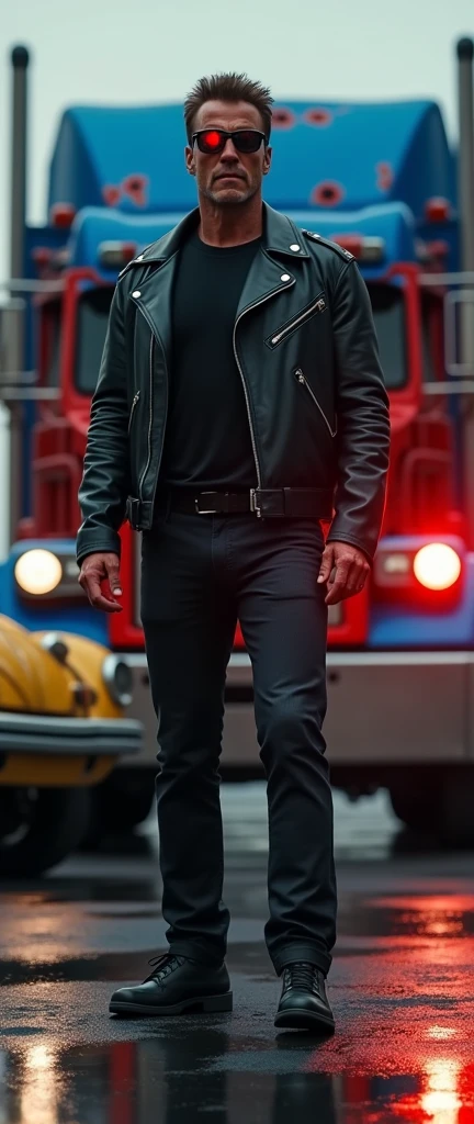 in the foreground is Arnold Schwarzenegger as the Terminator, one of Arnold's eyes glows like a red LED, he wears all black clothes, he is wearing sunglasses, he is wearing black leather jacket, He stands next to Optimus Prime as an old red and blue 1987 Freightliner COE truck., the truck's paint simulates fire stains in blue and red colors, on the other side there is an old yellow Beetle with its headlights on, lens flare effect, Raby, lens flares, reflection on the floor, the image is as realistic as a mirror, extremely realistic size ratio