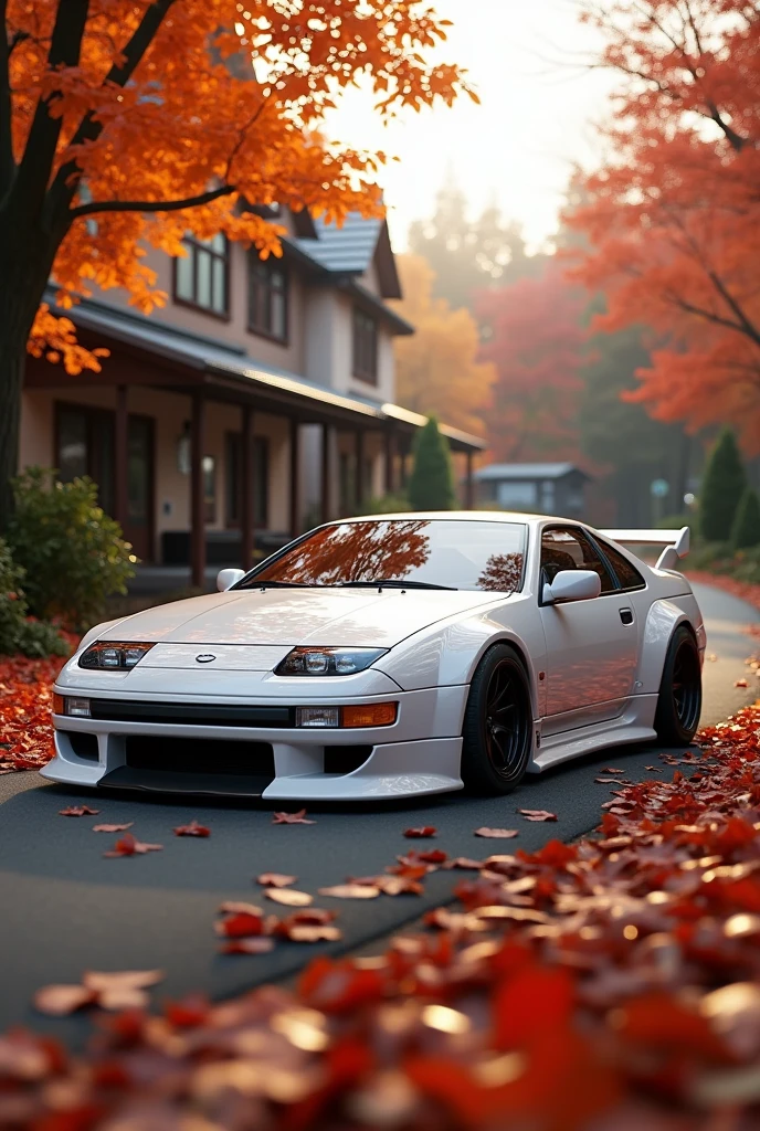 300ZX, White,Drift car parked on a road covered with leaves in autumn in a (Stadt:1.3), case, Global Illumination, volumetric lightning, best quality, muito detalhado, CGI, Illustration, Octane Render,  