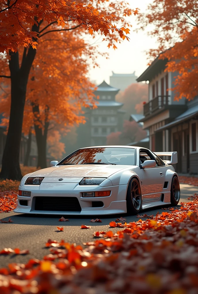 300ZX, White,Drift car parked on a road covered with leaves in autumn in a (Stadt:1.3), case, Global Illumination, volumetric lightning, best quality, muito detalhado, CGI, Illustration, Octane Render,  