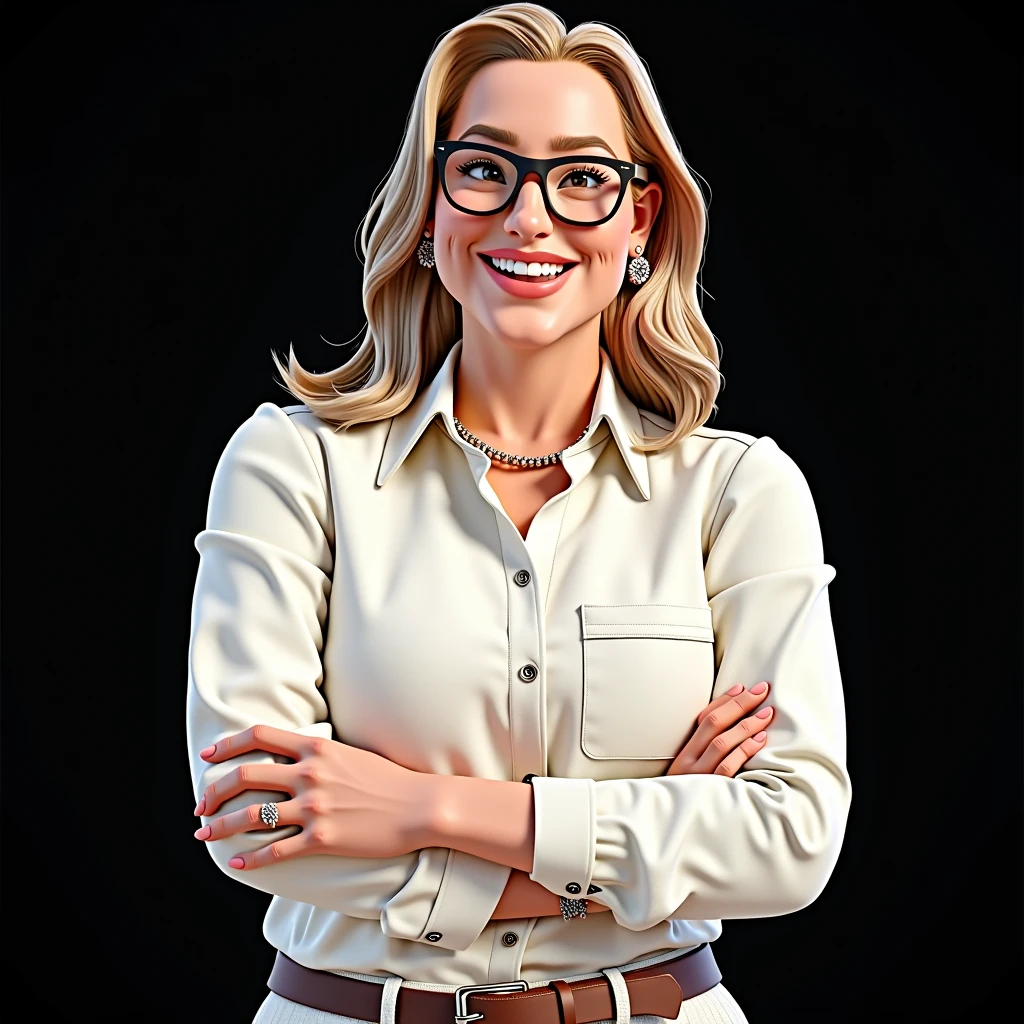 Imagem estilo avatar de desenho animado 3D personagem offwhite óculos mulher loira, offwhite, approximately 50 years, Medium loose hair, plano americano, political candidate, cute, sorrident , close up, pixar, Disney, Cinema lighting,