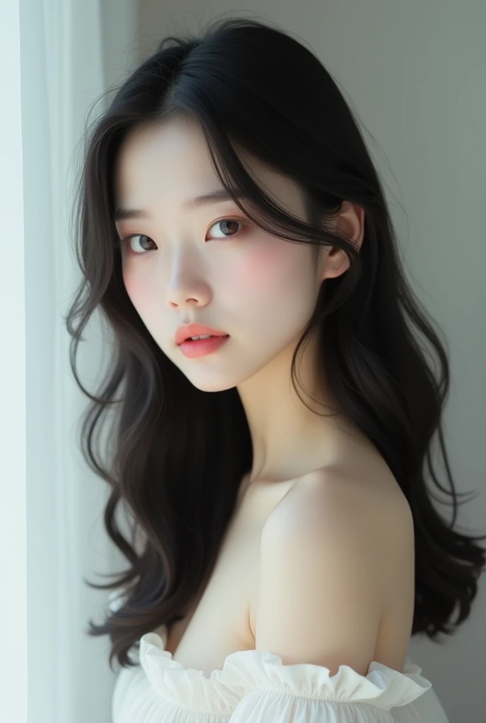 Draw a naked full body of a pretty long-haired Korean woman with white skin, looking forward and with A-cup breasts.