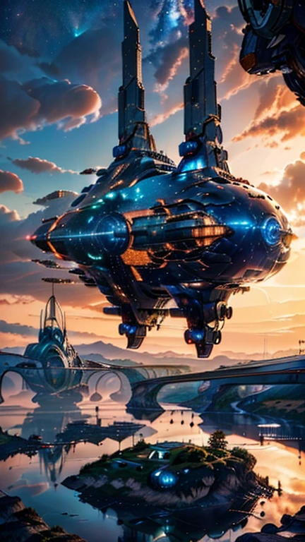 Super spaceship shaped like a ship hovering over a large lake, ultra detalhada, city in the distance, a nebula lighting up the sky, sci-fi, 