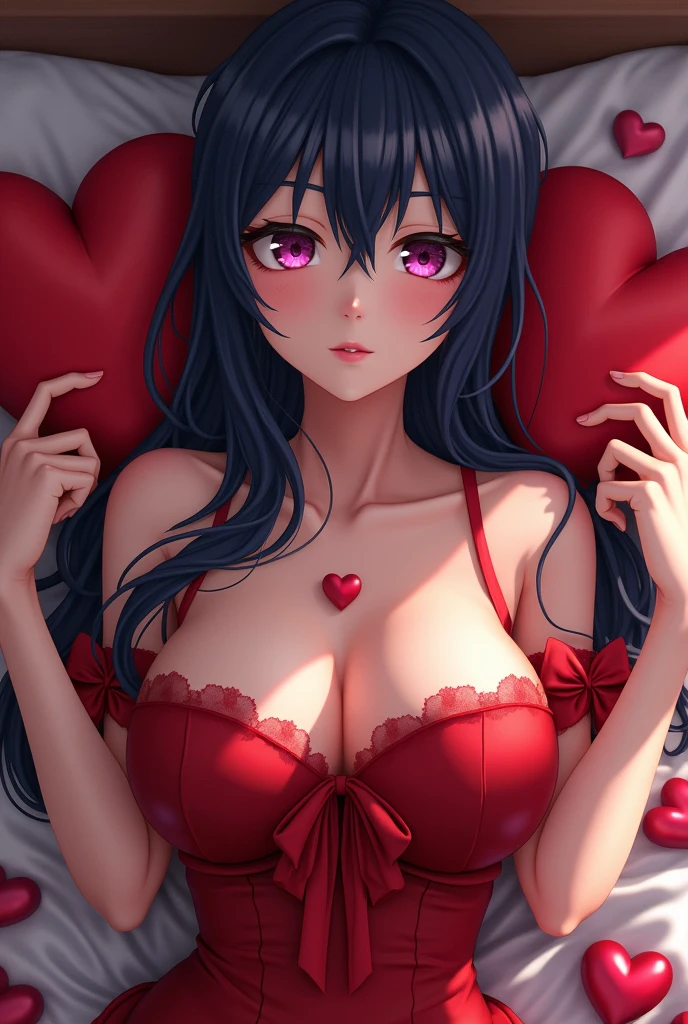 ((((hinata hyuga from Naruto )))),((((( wearing red victorian dress))))),(((on bed )) , ((white purplish eyes)),(((dark blue long hairs))), (( valentine day scenario)), no eyelids, , ((((both purplish white)))) ,(((((no forehead protector))))) ,((near body view)) ,((big boobs)), (((((red heart shape pillows in hands))))), valentine's day chocolate boxs, melted chocolate drops on her breasts,(((purplish eyes ))),((both eyes same colour)),((in different pose)),((same body parts))