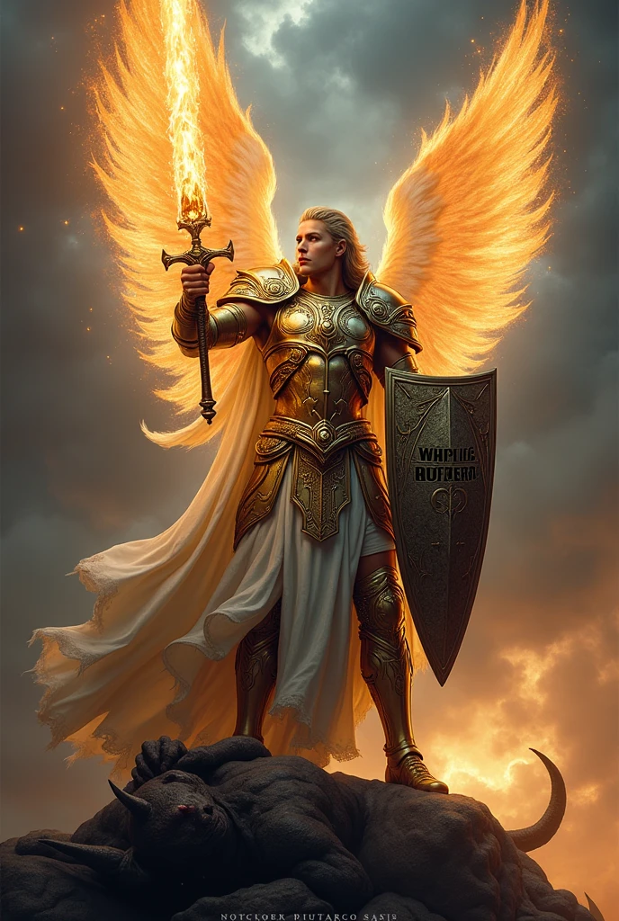 A heavenly warrior, wears detailed, gleaming armor, with gold and silver ornaments, In your right hand, he holds a flaming sword towards the demon, pronta para o combate, while the left hand carries a shield decorated with the inscription "Who is like God??" (who is like GOD?). In the background a stormy and dramatic sky, On your feet, a defeated demon is shown fallen and subdued, symbolizing Saint Michael&#39;s victory over the forces of darkness. The image is rich in details, with celestial lighting that highlights her figure and creates a powerful contrast with the dark surroundings.