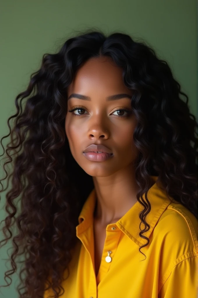 Here is the translation of your sentence into English:
"Beautiful perfect mulatto, with a lovely indigenous appearance, with beautiful black eyes, very long curly hair, wearing a yellow shirt."