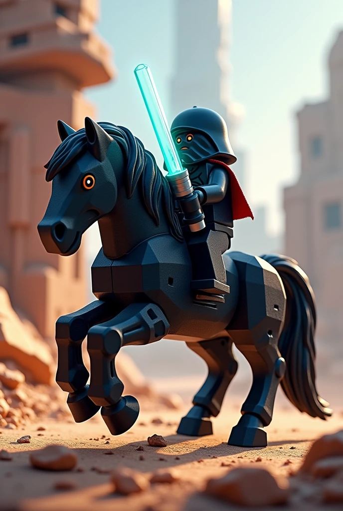 black horse like a lego video game with a mounted jedai



