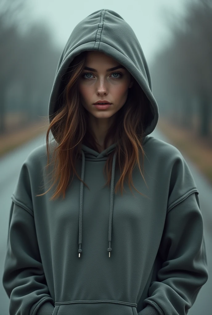 woman standing, wearing a hoodie, 8k, beautiful face, cinematic photography, high quality, extremely detailed, 4k, sneakers, looking at viewer,  walking alone, super details