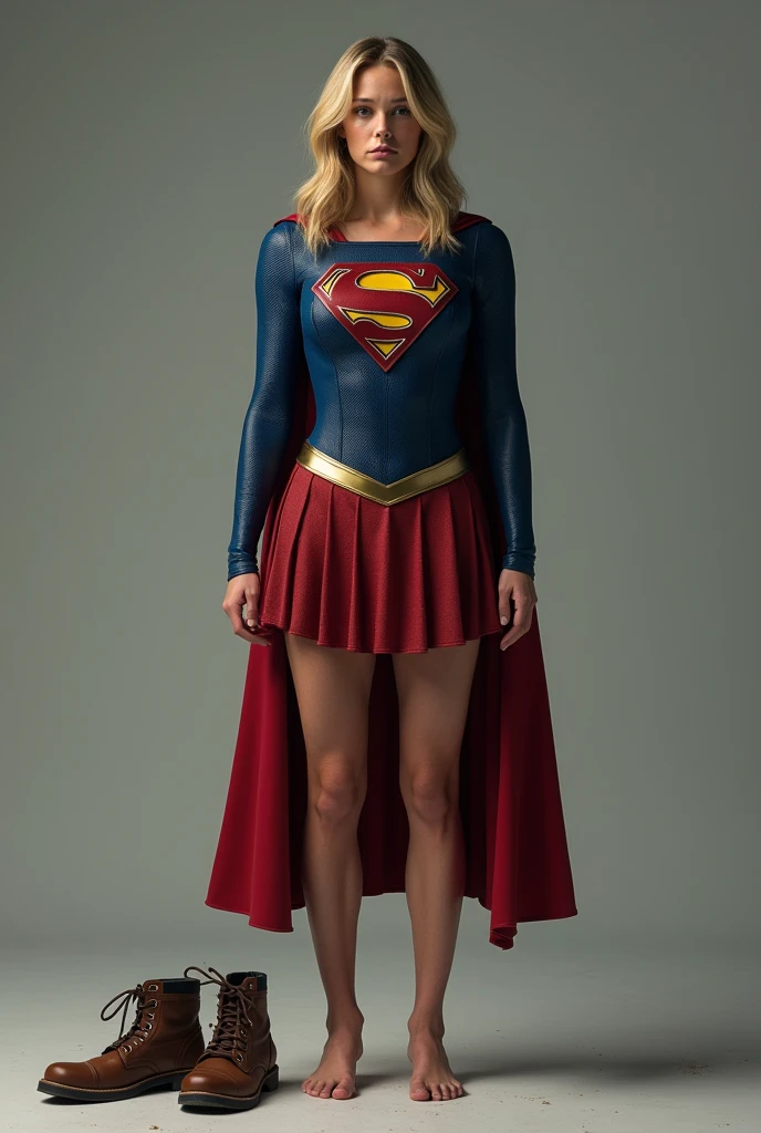 Sydney Sweeney in the Supergirl costume standing, barefoot looking with a worried face, His boots at his side lying on the ground. That one is completely ????? below the knees. His boots are thrown away