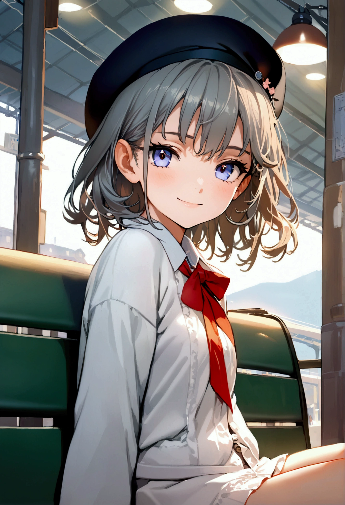 The best masterpiece, super detailed, beautiful, girl, cute, teenager, sitting on a bench, medium hair, beret, smile, looking at the viewer, lighting conveying calm, in the background is a train station.