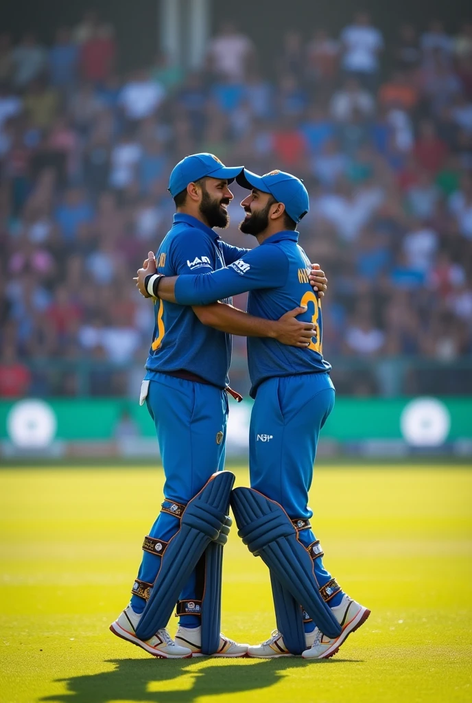 Indian Virat Kohli and MS Dhoni are hugging in the big ground and people in the ground are cheering and clapping full grain photo