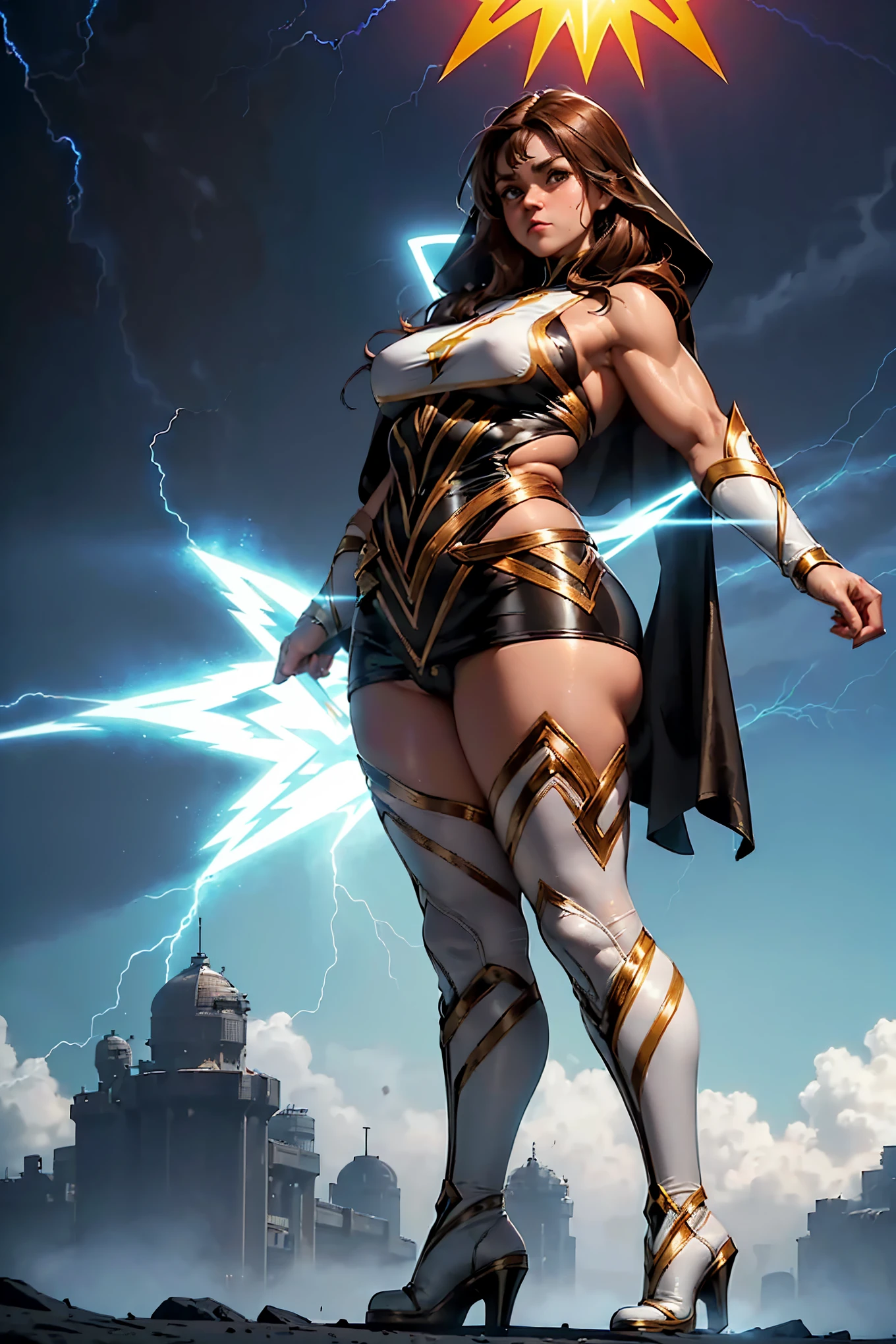 A muscular female superhero nun ((muscular size:2.2)) orange and brown hair, green eyes, farm tan brown skin (freakles on cheeks:1.2) white & teal blue armor, white knee high heel boots ((lightning superpower from her hands:1.2)) amazing, awesome, high-quality, beautiful, elegant, mighty, heroic.