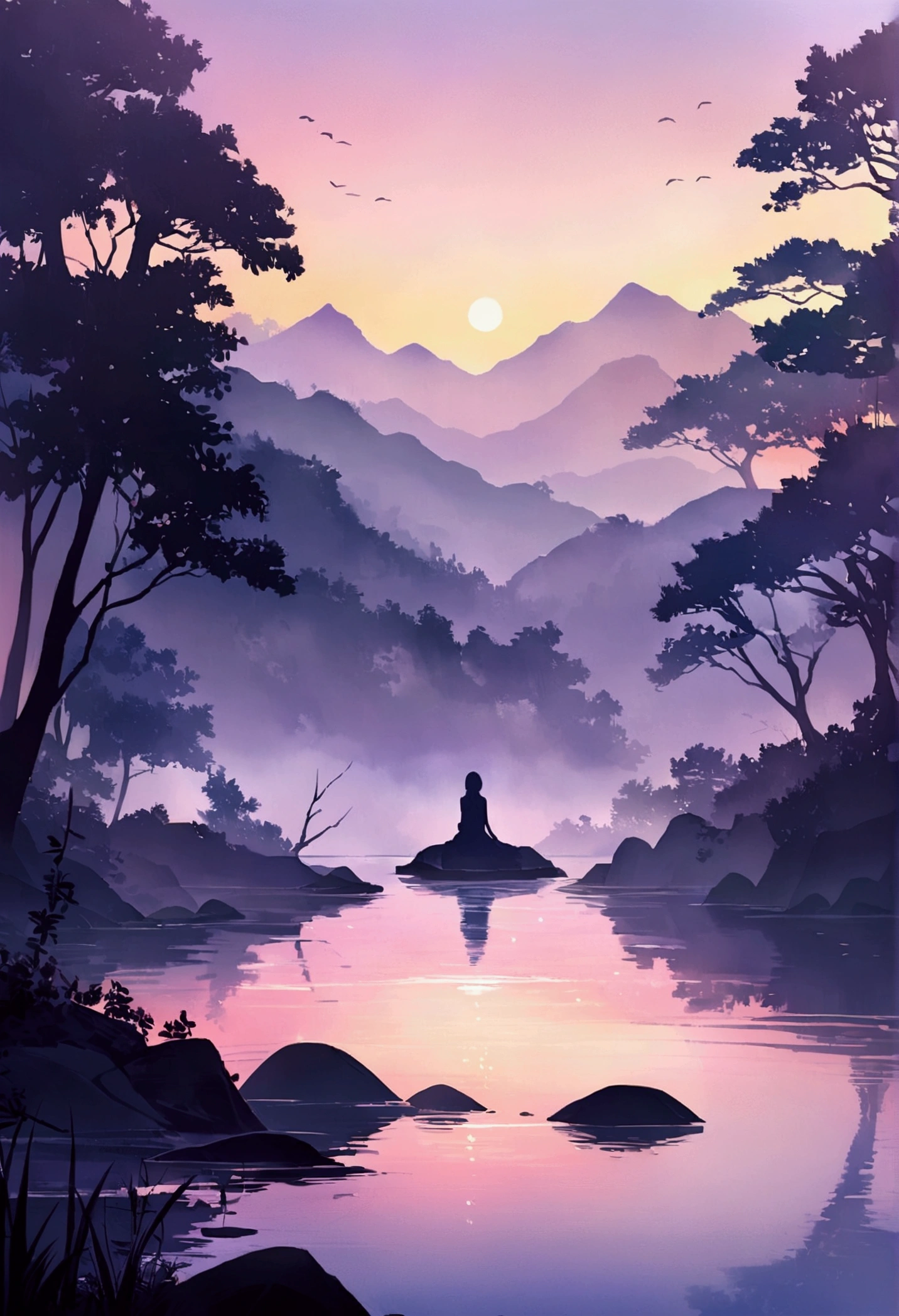"A serene landscape at dawn with soft, warm light bathing the scene. A calm lake reflects the pastel-colored sky with hues of pink, orange, and purple. Silhouettes of tall, ancient trees stand on the shore, their branches gently swaying in a light breeze. Mist rises from the water, creating an ethereal and tranquil atmosphere. In the distance, mountains loom quietly, their peaks barely visible through the mist. A lone figure sits in meditation on a smooth rock by the lake, surrounded by nature's quiet beauty."