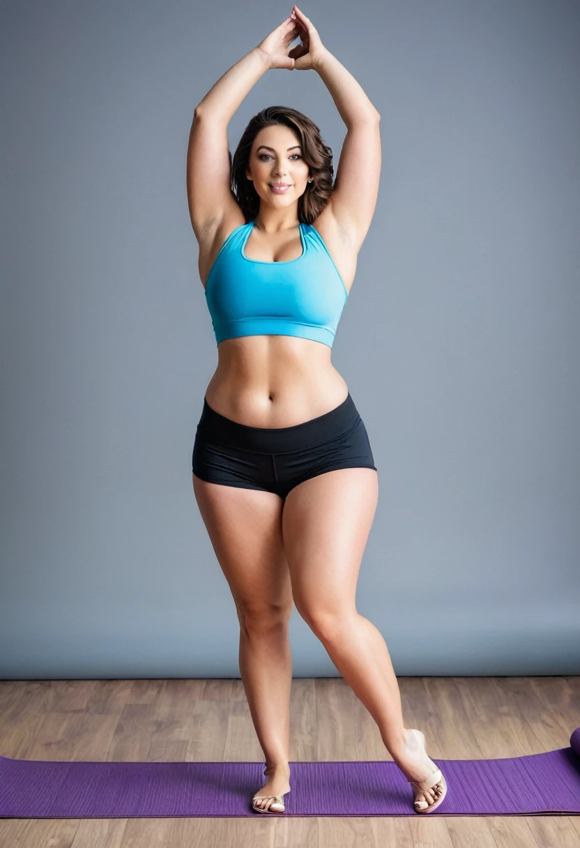 Full body shot of a beautiful brunette female with a curvy body and large breasts, wearing a tight tank top and short volleyball shorts, wearing high heel shoes, on a yoga mat in different poses