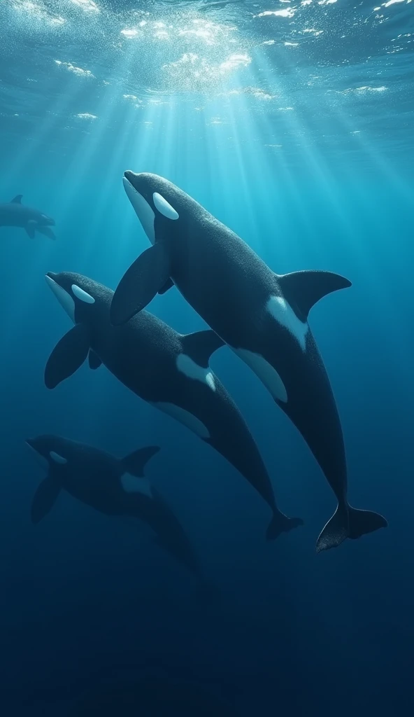 A vast blue ocean, beneath the surface, a majestic group of killer whales known as orcas swims gracefully, modern day, natural underwater setting, the whales' sleek black and white bodies contrast with the deep blue water, vast ocean stretching into the distance, wide shot, hyper-realistic, photo realism, cinematography --ar 9:16.