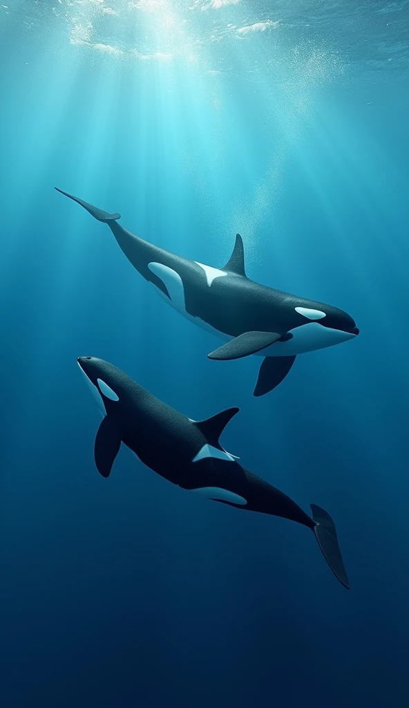 A vast blue ocean, beneath the surface, a majestic group of killer whales known as orcas swims gracefully, modern day, natural underwater setting, the whales' sleek black and white bodies contrast with the deep blue water, vast ocean stretching into the distance, wide shot, hyper-realistic, photo realism, cinematography --ar 9:16.