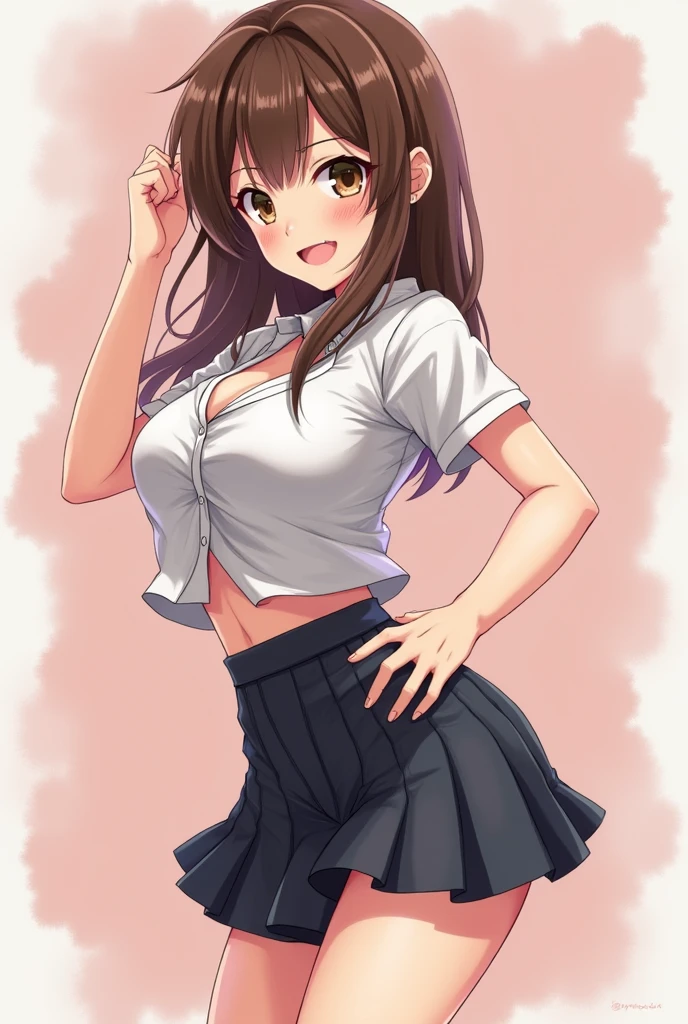 Highest quality, Soft Light, Ultra-high resolution,People Girls, alone, sexy, (Toothy smile), (Yellow Eyes), Beautiful face in every detail,(High resolution detail of human skin texture), (Brown medium hair),(Sweat:1.2),(masterpiece:1.3),(Realistic:1.2),(Open your mouth:1.1),Sportswear,Tennis Skirt,Open your arms
