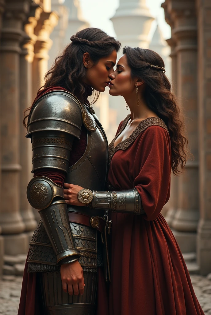 A medieval warrior woman with medium curly hair, brown girl sending a kiss to someone, with armor and dress