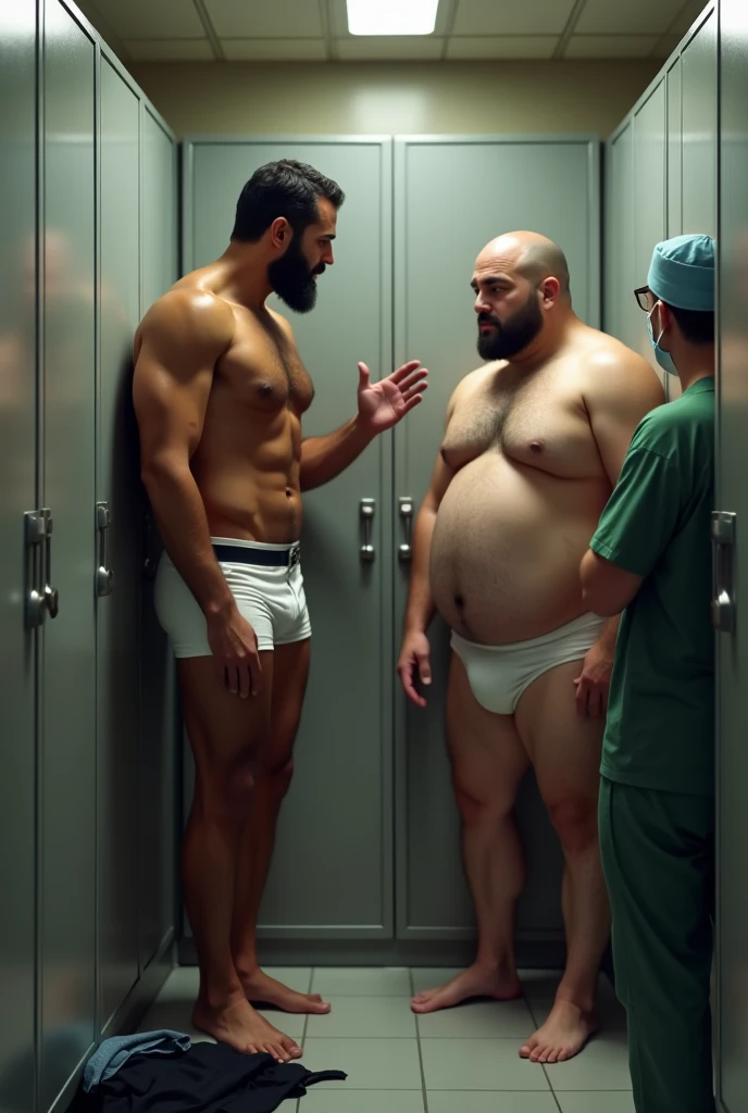 A handsome, hairy, bearded, muscular Arab man in white underwear, gesturing, open closet, small changing room, with a man in front, very fat, baldie, standing watching him discreetly, wearing no shirt, wearing long white pants and white shoes. Surrounded by gray cabinets. Black shirt and blue jeans on the floor. Man in green surgical scrubs from the surgical center next door.