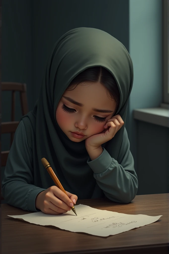 A Muslim girl writing a latter with sad face one hand on her head deep thinking