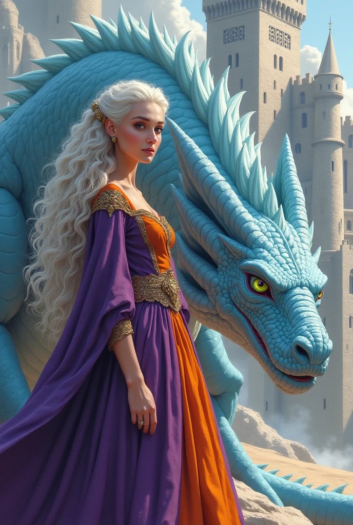 Woman in purple and orange medieval dress. Woman with silver-white wavy and curly hair and dark violet eyes, woman sitting next to her light blue dragon, huge and fierce dragon, Dragon with green eyes. Zoom in on the woman.
Gigantic and majestic castle in the background. Castle with white stones. blue Dragon. Dragon with sky blue scales