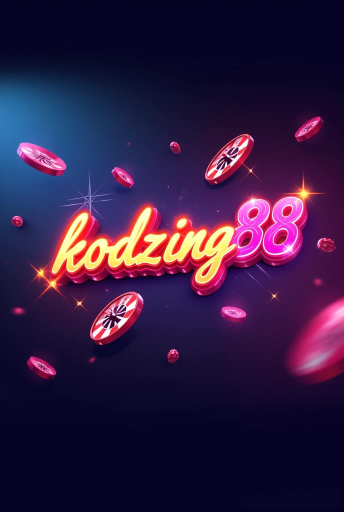Design the logo “KODZING88” about gambling. The elements are wheels and lights. The background is purple and blue. The letters are hot.