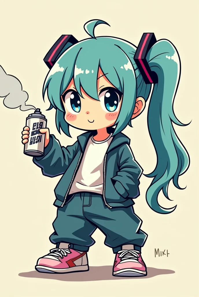 hatsune miku cartoon style, dressed in baggy clothes with a cartoon style rapper style: " Ed Edd y Eddie". holding a spray can and a non-elaborate cartoon style