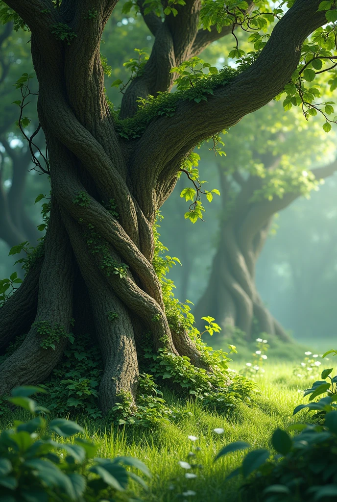 tree trunks with climbing vines twisted plant and green leaves in the grass area png