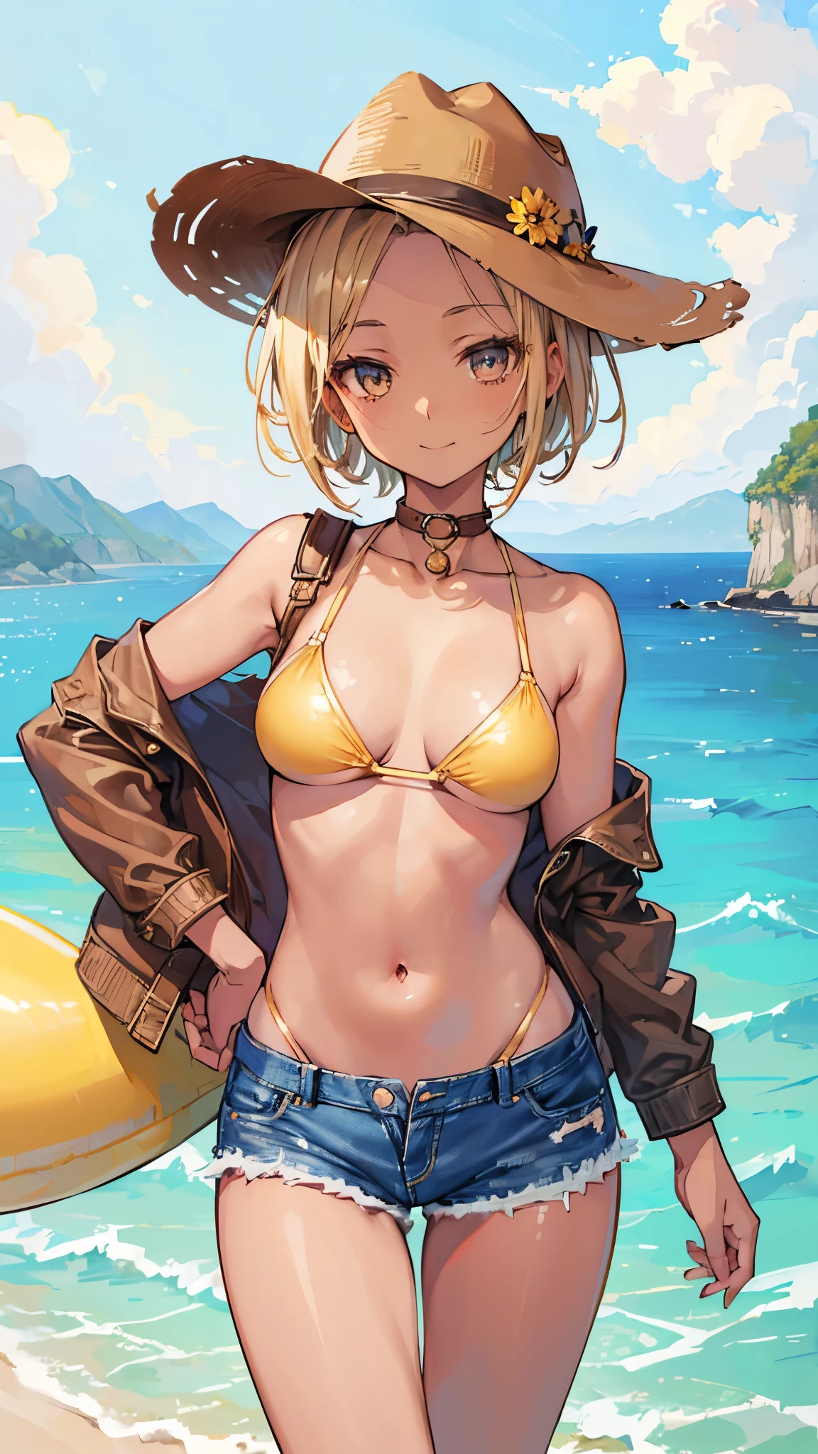 ((masterpiece、Highest quality、Very detailed))、One girl、((Brown skin:1.3))、Blonde、short hair、forehead、Grey Eyes、evil smile、Moderate breasts、((golden bikini))、((denim short shorts))、Cowboy Shot、Seaside Background