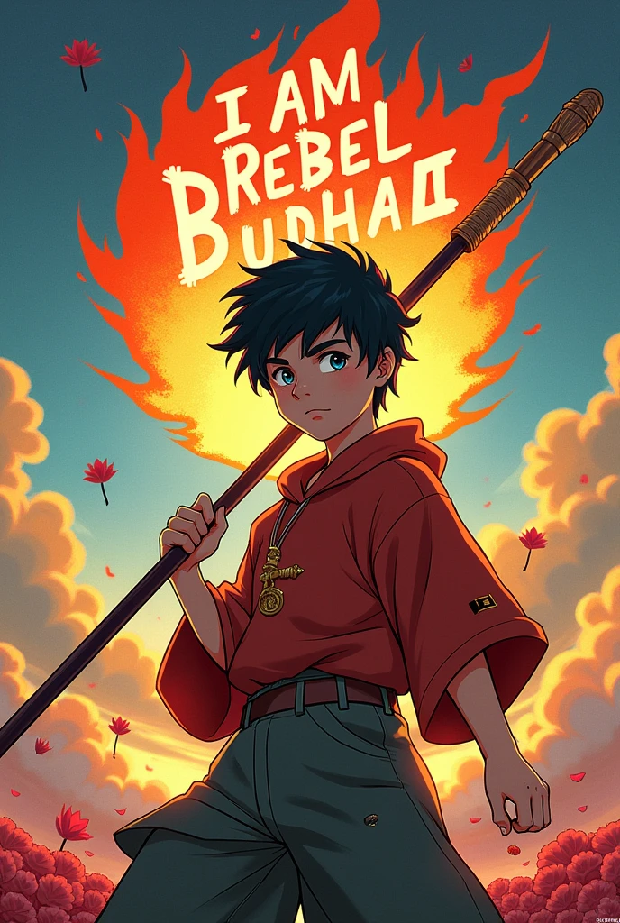 Text saying, "I am Rebel Buddha!", Title saying, "I am Rebel Buddha!", Book cover saying, "I am Rebel Buddha!", Novel cover saying, "I am Rebel Buddha!", I am Rebel Buddha!, Anime, Young boy, handsome, Staff