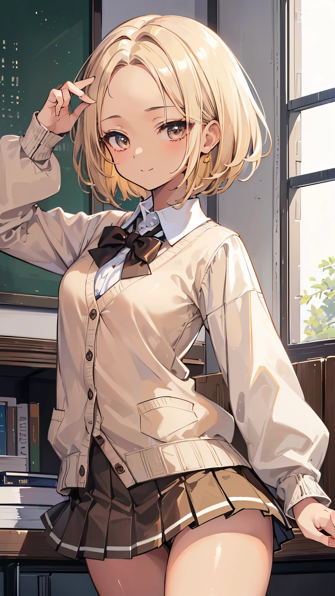 ((masterpiece、Highest quality、Very detailed))、One girl、((Brown skin:1.3))、Blonde、short hair、forehead、Grey Eyes、evil smile、Moderate breasts、((White collared shirt))、((lightbrown cardigan))、((Black pleated skirt))、((micro miniskirt))、Cowboy Shot、Classroom Background