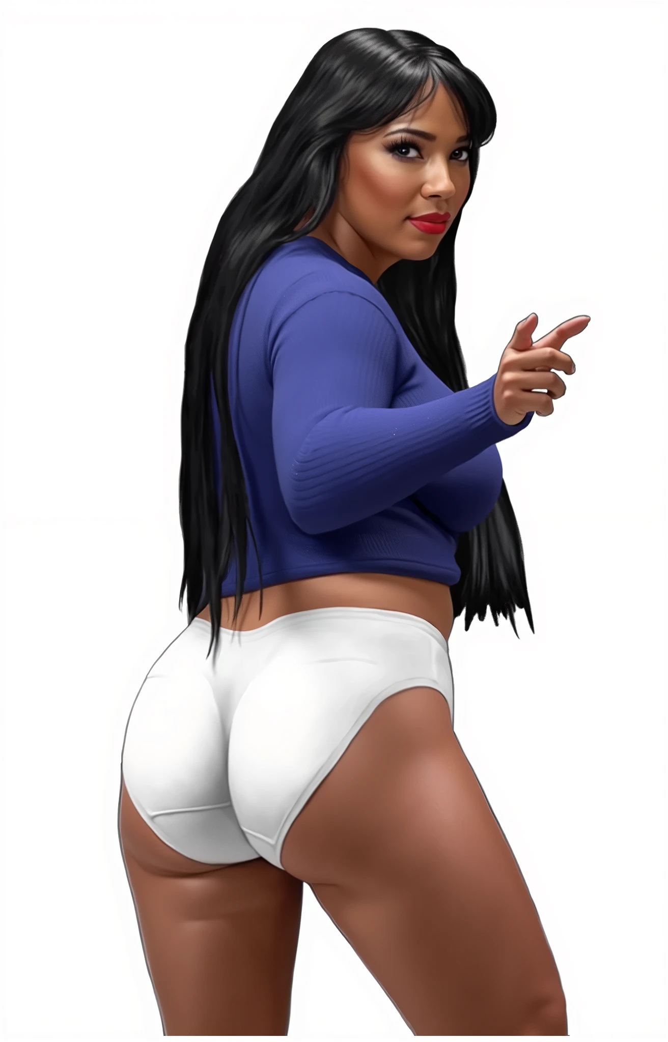 (masterpiece, best quality)), ((((perfect ???????)))), Heavyset black woman with long black hair, dark eyeshadow, dark red lipstick, blue sweater, (((big white cotton panties))), big booty, smiling, (((photo realistic))), ((80's film, 80's movie scene, 80's TV Style))