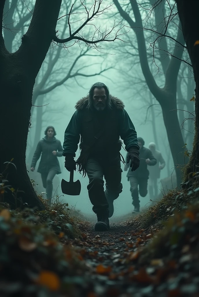 make a haunted forest, extremly scary,dark and somber tones, a mysterious lumberjack is chasing a group of people in the forest, these people are running desperately, he is trying to kill them with his axe, extremely detaild, photoshot_\( ultra\), photoshotrealisitic, realisitic, Post-processing, Maximum details, roughness, real-life, ultrarealisitic, photoshotrealism, photoshotgraphy, 8k hd, photoshotgraphy