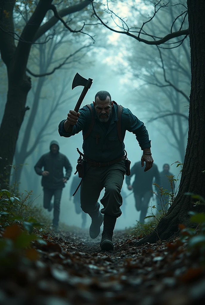 make a haunted forest, extremly scary,dark and somber tones, a mysterious lumberjack is chasing a group of people in the forest, these people are running desperately, he is trying to kill them with his axe, extremely detaild, photoshot_\( ultra\), photoshotrealisitic, realisitic, Post-processing, Maximum details, roughness, real-life, ultrarealisitic, photoshotrealism, photoshotgraphy, 8k hd, photoshotgraphy