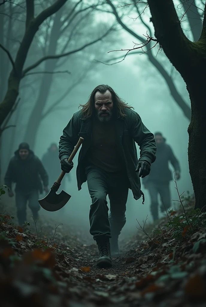 make a haunted forest, extremly scary,dark and somber tones, a mysterious lumberjack is chasing a group of people in the forest, these people are running desperately, he is trying to kill them with his axe, extremely detaild, photoshot_\( ultra\), photoshotrealisitic, realisitic, Post-processing, Maximum details, roughness, real-life, ultrarealisitic, photoshotrealism, photoshotgraphy, 8k hd, photoshotgraphy