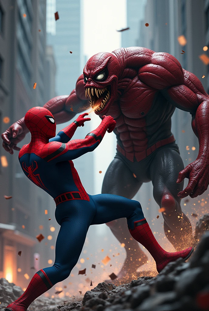 Spiderman hitting monster by punching at his face