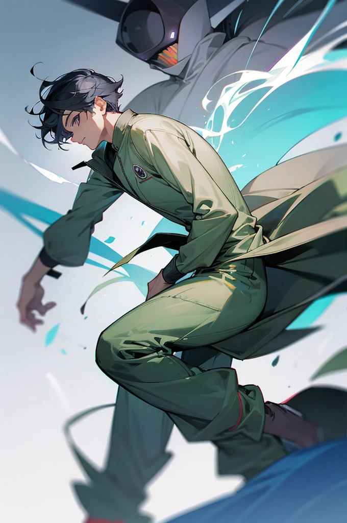 Male, jumpsuit, Aura around him, gray pants