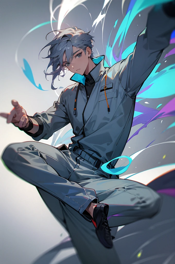 Male, jumpsuit, Aura around him, gray pants